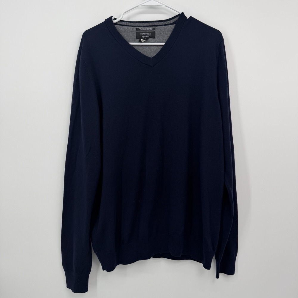 Nordstrom Men's Shop V Neck 100% Merino Wool Sweater Navy Blue Size Large Tall